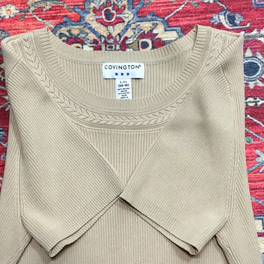 Vintage Covington Beige Scoop Neck Short Sleeve Ribbed Knit Sweater Sz.L